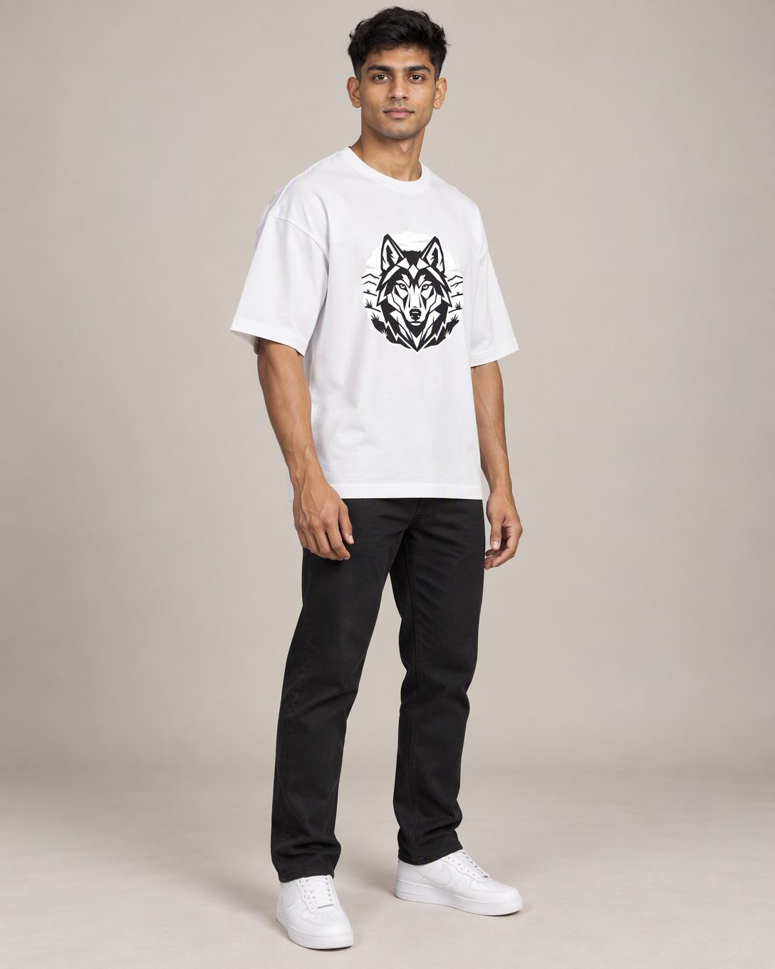 Geometric Wolf Crest — on-model shot 1