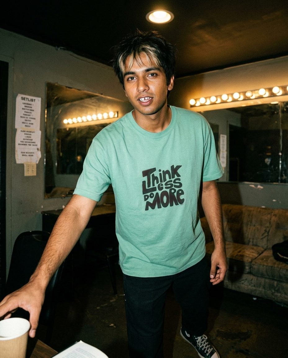 Think Less More Minimalist Graphic T-Shirt — on-model shot 1